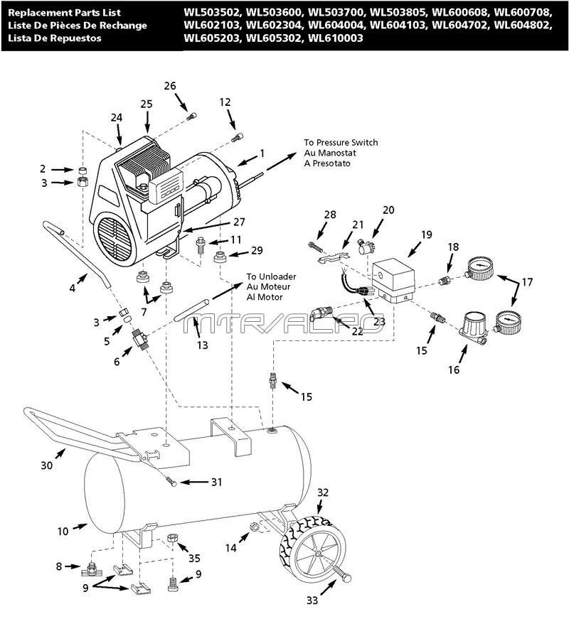 Tank Assembly Parts Diagram and Parts List for WL610003AJ  Campbell Hausfeld Compressor